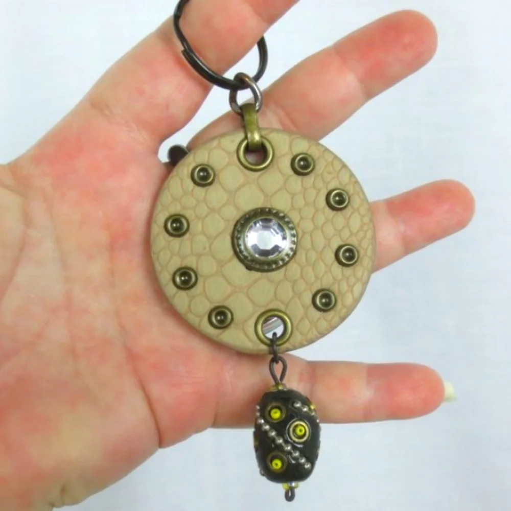New Handmade Keychain Bag Charm Beaded Boho Faux Leather Rhinestone Swivel Clip